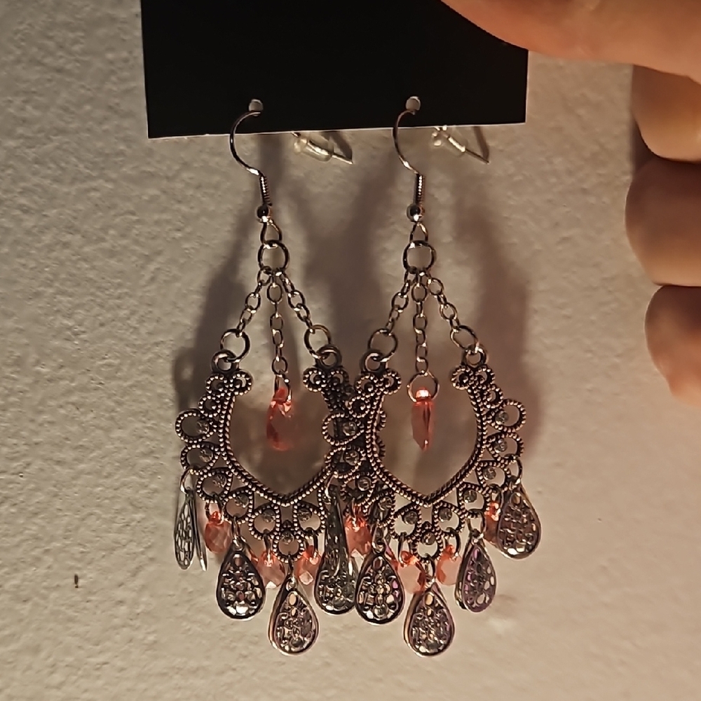 Bohemian Filigree Teardrop Dangle Earrings - Pink Accent